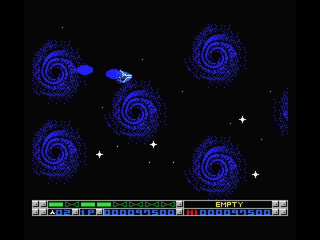 Nemesis 3: The Eve of Destruction MSX Screenshot: At the end of this stage you need to navigate past black holes; if you get sucked in, you're sent back to the start of the stage.