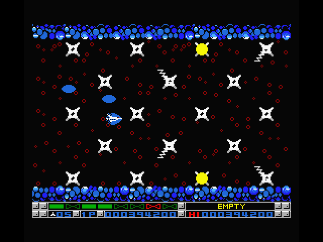 Nemesis 3: The Eve of Destruction MSX Screenshot: Electricity jumps from node to node here; time your way through carefully!