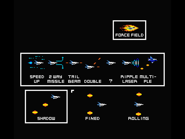 Nemesis 3: The Eve of Destruction MSX Screenshot: You can also customize the force field type and multiple type.
