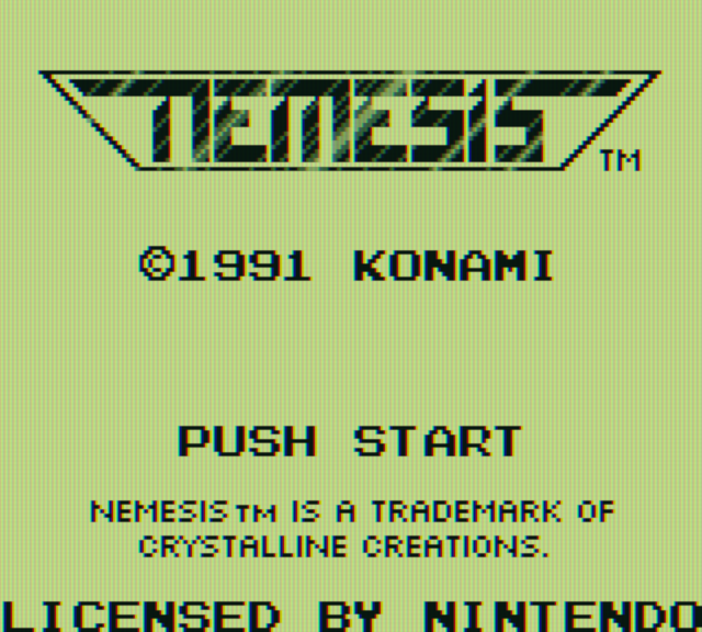 Nemesis Game Boy Screenshot: Main menu; push start to begin!