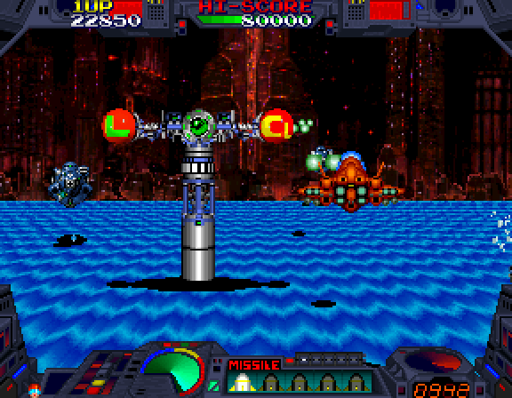 Burning Force Arcade Screenshot: Collect one of those red orbs for new weapons!
