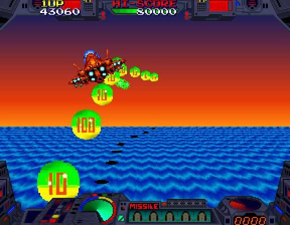 Burning Force Arcade Screenshot: Bonus stage; gather as many points as you can!