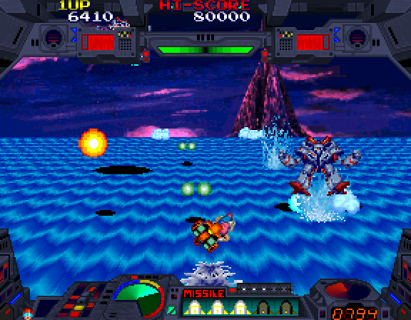 Burning Force Arcade Screenshot: Lookout, robot attack!