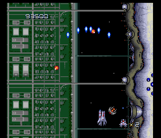 Final Blaster TurboGrafx-16 / PC Engine Screenshot: Missiles and other obstacles make this area tough...
