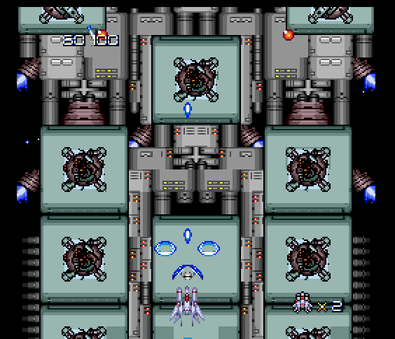Final Blaster TurboGrafx-16 / PC Engine Screenshot: Destroyed some targets, but the screen scrolls on...