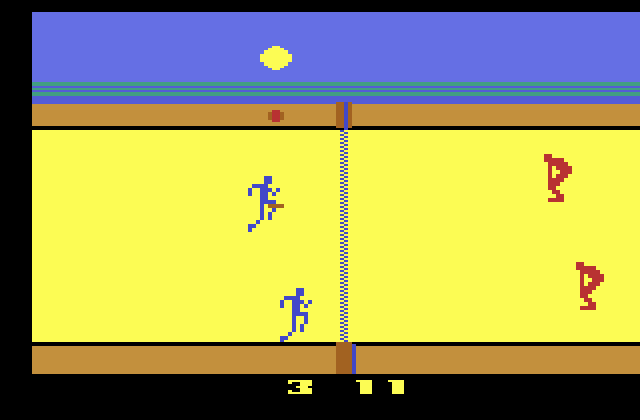 RealSports Volleyball Atari 2600 Screenshot: Blue player running for the ball...