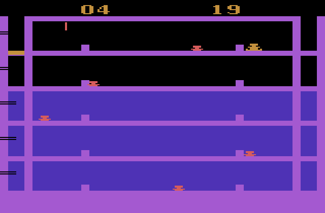 Airlock Atari 2600 Screenshot: Knocked over by a torpedo; that will cost precious time!