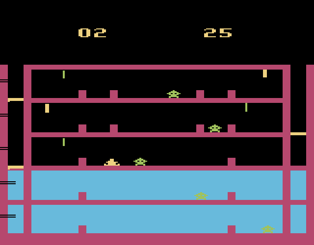 Airlock Atari 2600 Screenshot: I was knocked down by a torpedo, that will cost precious time.