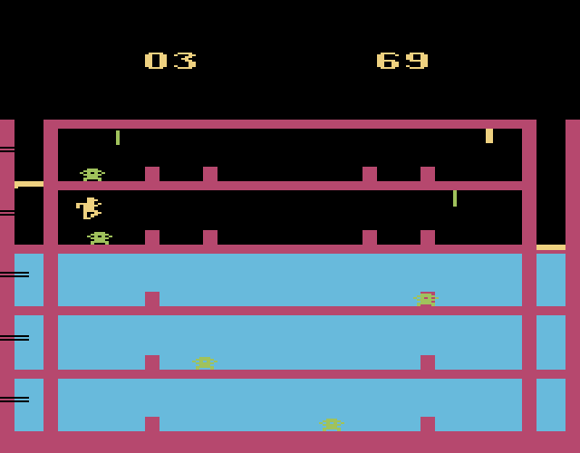 Airlock Atari 2600 Screenshot: Jumping over a torpedo.