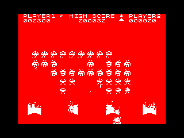 Spectral Invaders ZX Spectrum Screenshot: I'm hit! The screen flashes red...