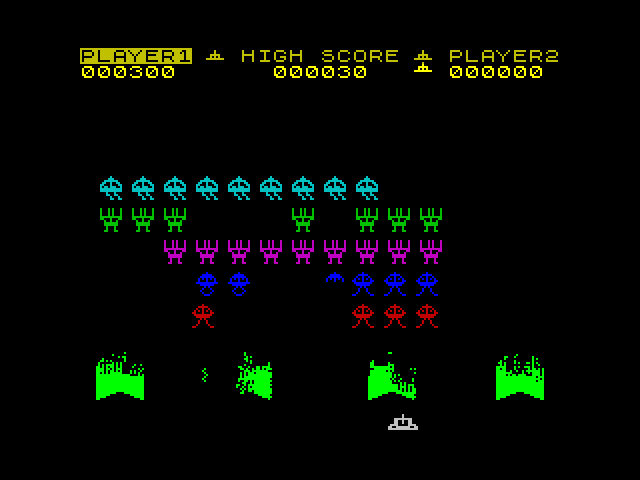 Spectral Invaders ZX Spectrum Screenshot: Shoot the aliens before they land!