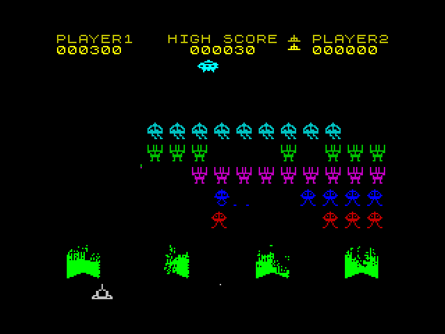 Spectral Invaders ZX Spectrum Screenshot: From time to time a saucer flies by overhead; shoot it for bonus points.