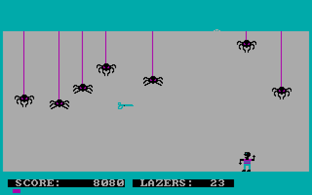 Spyder IBM PC/Compatibles Screenshot: Shoot the spiders before they reach the ground.