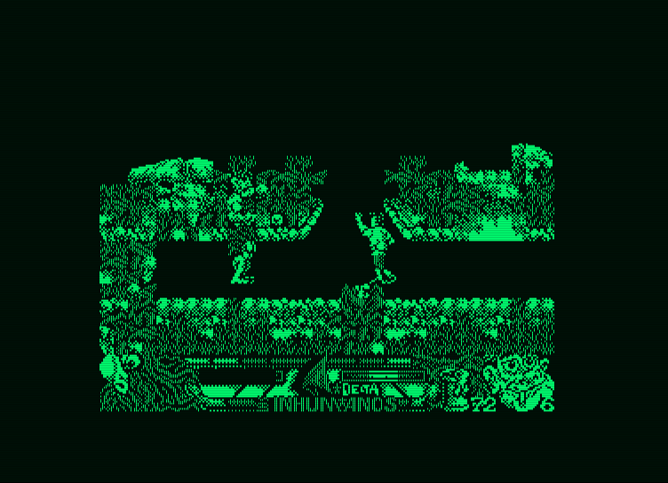 Los Inhumanos Amstrad PCW Screenshot: An opponent lobs stones at me...