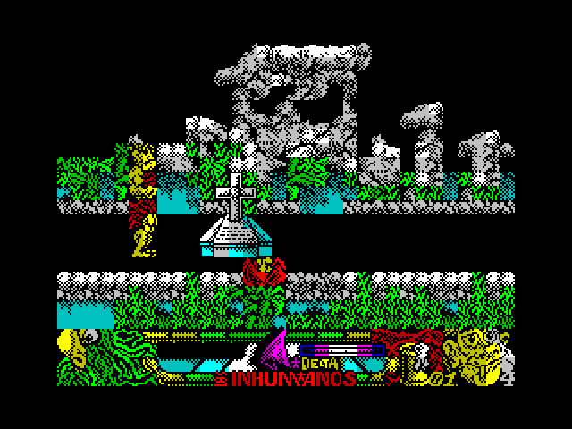 Los Inhumanos ZX Spectrum Screenshot: A grave appears where I defeated an opponent...