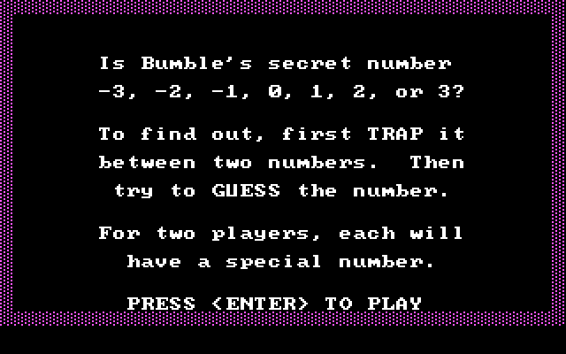 Bumble Plot IBM PC/Compatibles Screenshot: Trap and Guess instructions.