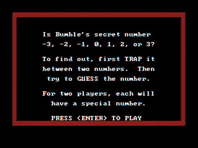 Bumble Plot IBM PC/Compatibles Screenshot: Trap and Guess game instructions.