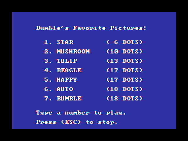 Bumble Plot IBM PC/Compatibles Screenshot: Select a picture to draw...