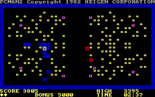 PC Man II IBM PC/Compatibles Screenshot: Level two; when you collect a dot a wall will appear in that location.