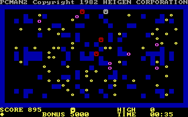 PC Man II IBM PC/Compatibles Screenshot: Players control the gray face and need to avoid the red faces.