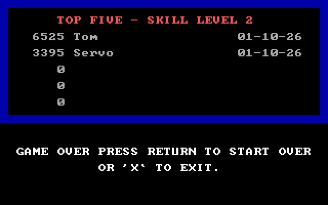 PC Man II IBM PC/Compatibles Screenshot: Game over; here's the top 5 scores for this skill level.