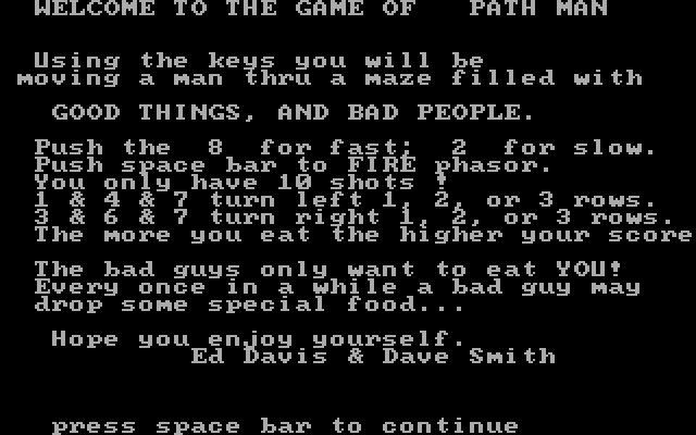 Path Man IBM PC/Compatibles Screenshot: Title screen and game instructions.