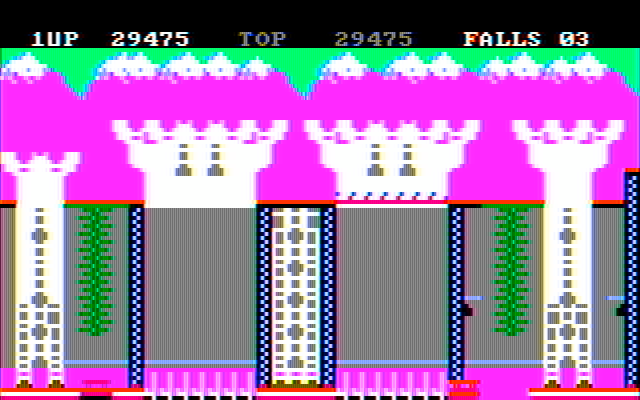 Bruce Lee IBM PC/Compatibles Screenshot: On this screen you need to avoid falling on spikes as the floor disappears...