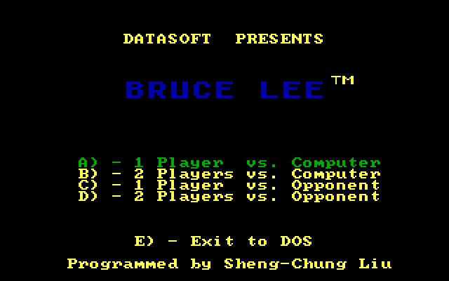 Bruce Lee IBM PC/Compatibles Screenshot: The main menu.