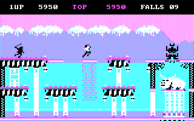 Bruce Lee IBM PC/Compatibles Screenshot: Leaping from platform to platform...