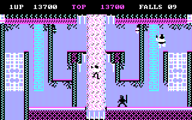 Bruce Lee IBM PC/Compatibles Screenshot: Climbing up to a platform...