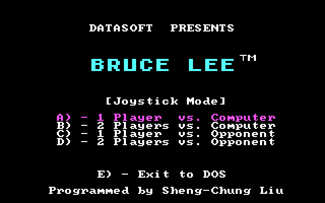 Bruce Lee IBM PC/Compatibles Screenshot: The main menu.