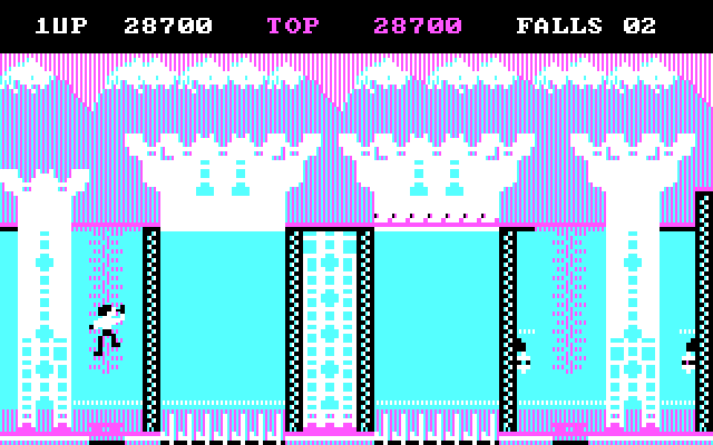 Bruce Lee IBM PC/Compatibles Screenshot: The bridge moves fast here, so time your jumps carefully...