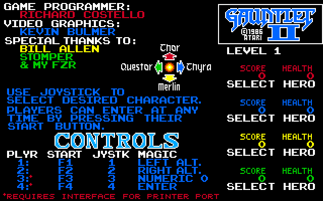 Gauntlet II Amiga Screenshot: Main menu; select your characters, and start the game!