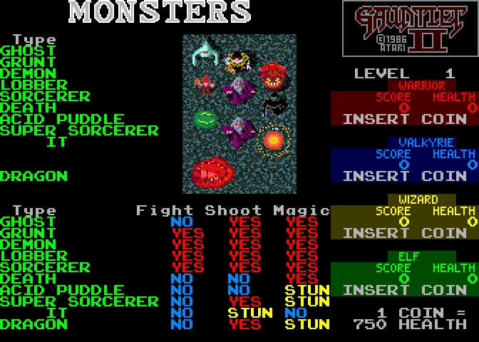 Gauntlet II Arcade Screenshot: Monsters that will be encountered.