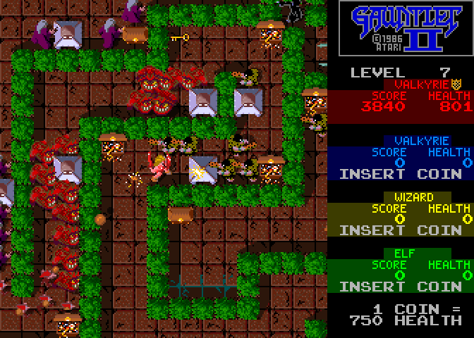 Gauntlet II Arcade Screenshot: Fighting my way through a narrow passage.