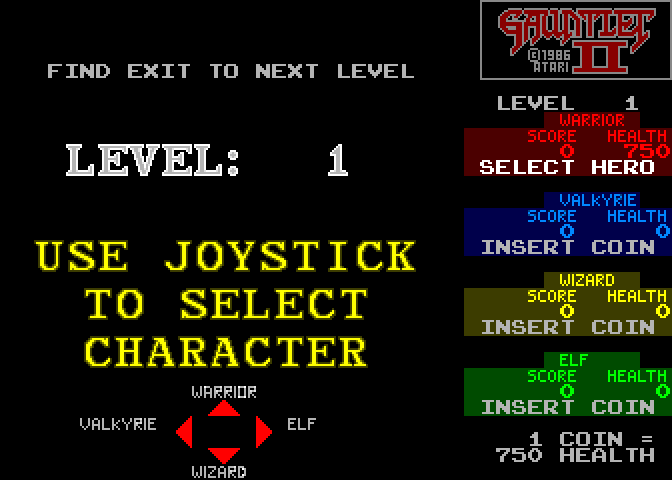 Gauntlet II Arcade Screenshot: Game start; use joystick to select your character.