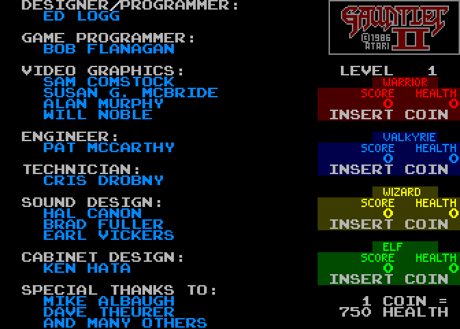 Gauntlet II Arcade Screenshot: Game credits.
