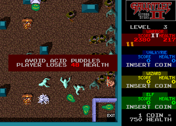 Gauntlet II Arcade Screenshot: Avoid the acid puddles...