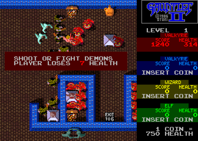 Gauntlet II Arcade Screenshot: Shoot or fight demons...