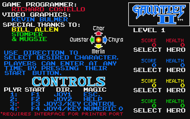 Gauntlet II Atari ST Screenshot: Select your character, and begin the game!