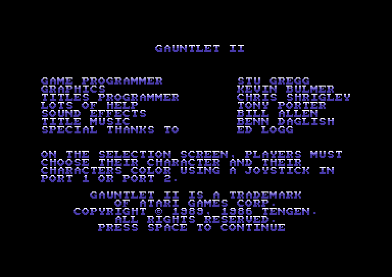 Gauntlet II Commodore 64 Screenshot: Game credits (U.S. release)