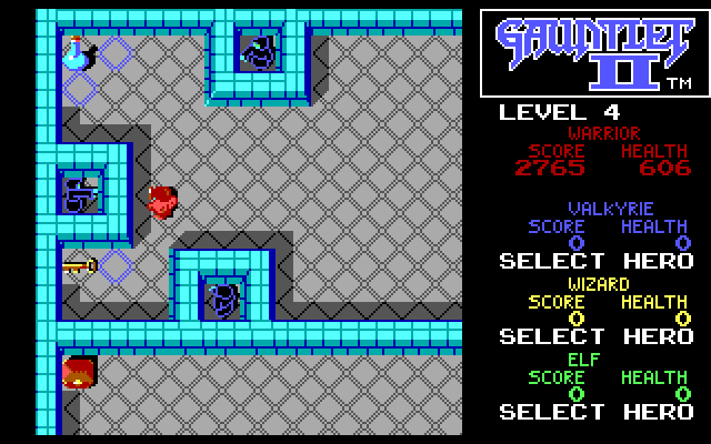 Gauntlet II IBM PC/Compatibles Screenshot: Be sure to be careful when getting that key and potion...
