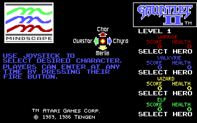 Gauntlet II IBM PC/Compatibles Screenshot: Select a character.