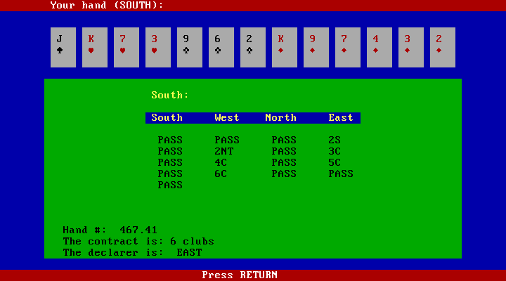 Bridge 6.0 IBM PC/Compatibles Screenshot: Press return to continue...