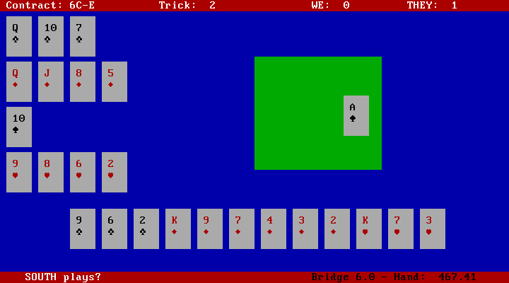Bridge 6.0 IBM PC/Compatibles Screenshot: What card does South play?