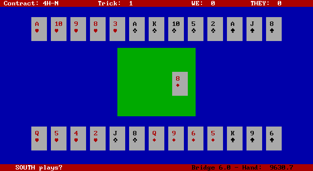 Bridge 6.0 IBM PC/Compatibles Screenshot: Select a card for south to play...