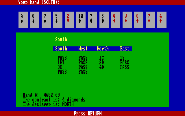 Bridge 6.0 IBM PC/Compatibles Screenshot: Press return to continue the game.