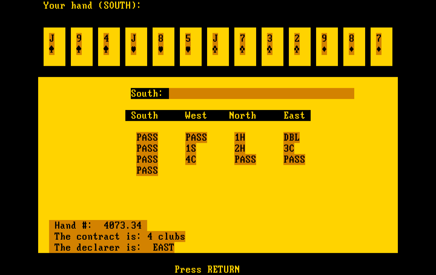 Bridge 6.0 IBM PC/Compatibles Screenshot: Press return to continue the game.