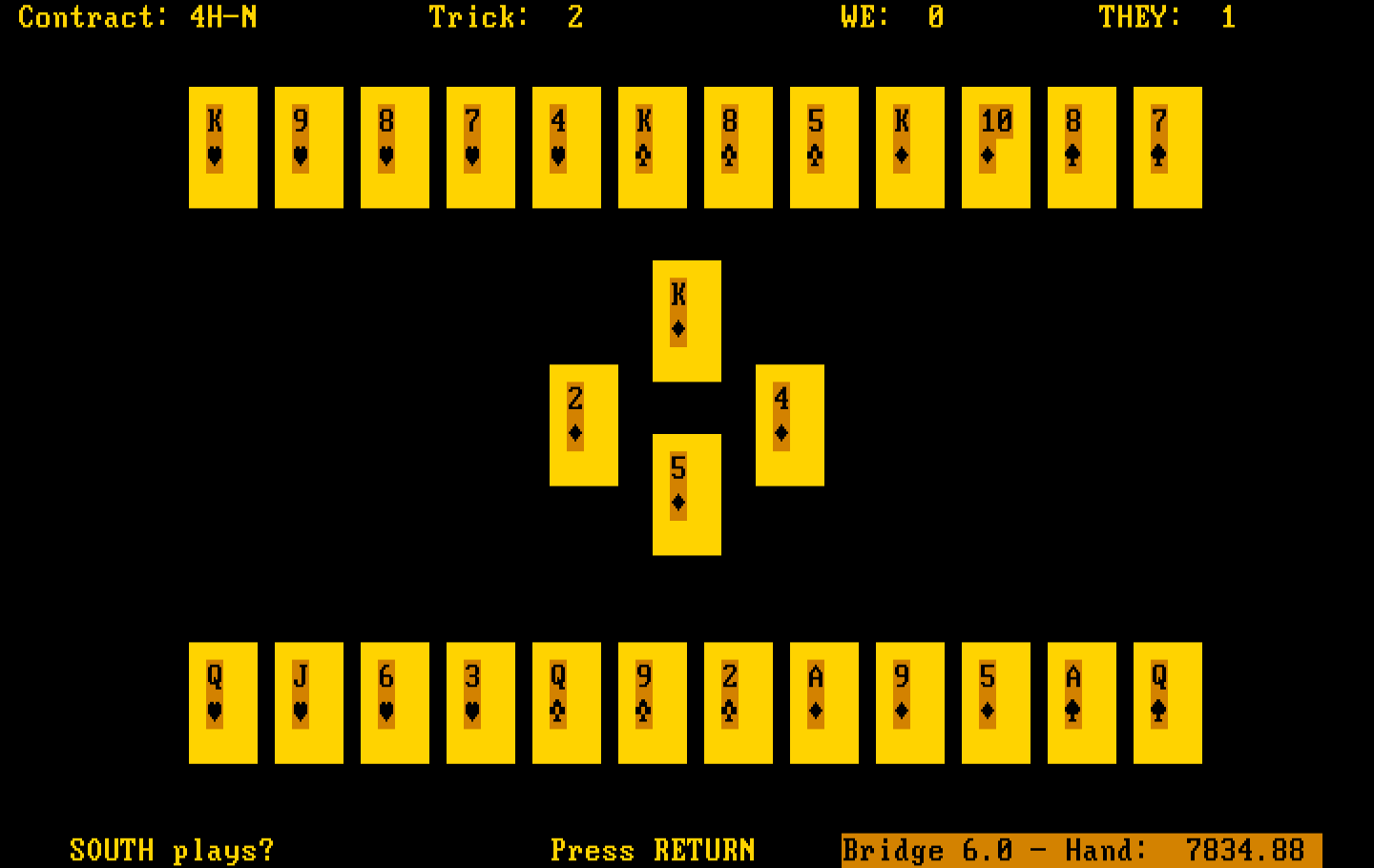 Bridge 6.0 IBM PC/Compatibles Screenshot: Hand results, press return to continue.