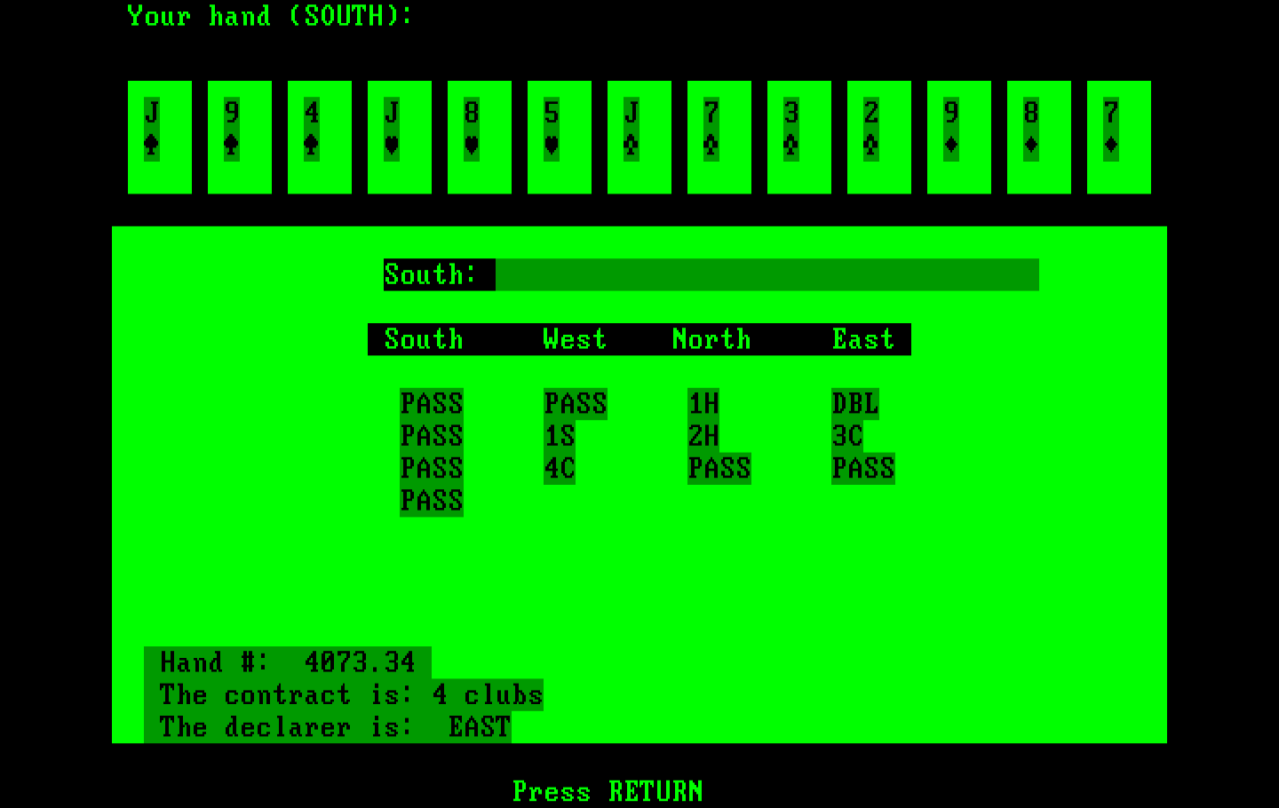 Bridge 6.0 IBM PC/Compatibles Screenshot: Press return to continue the game.